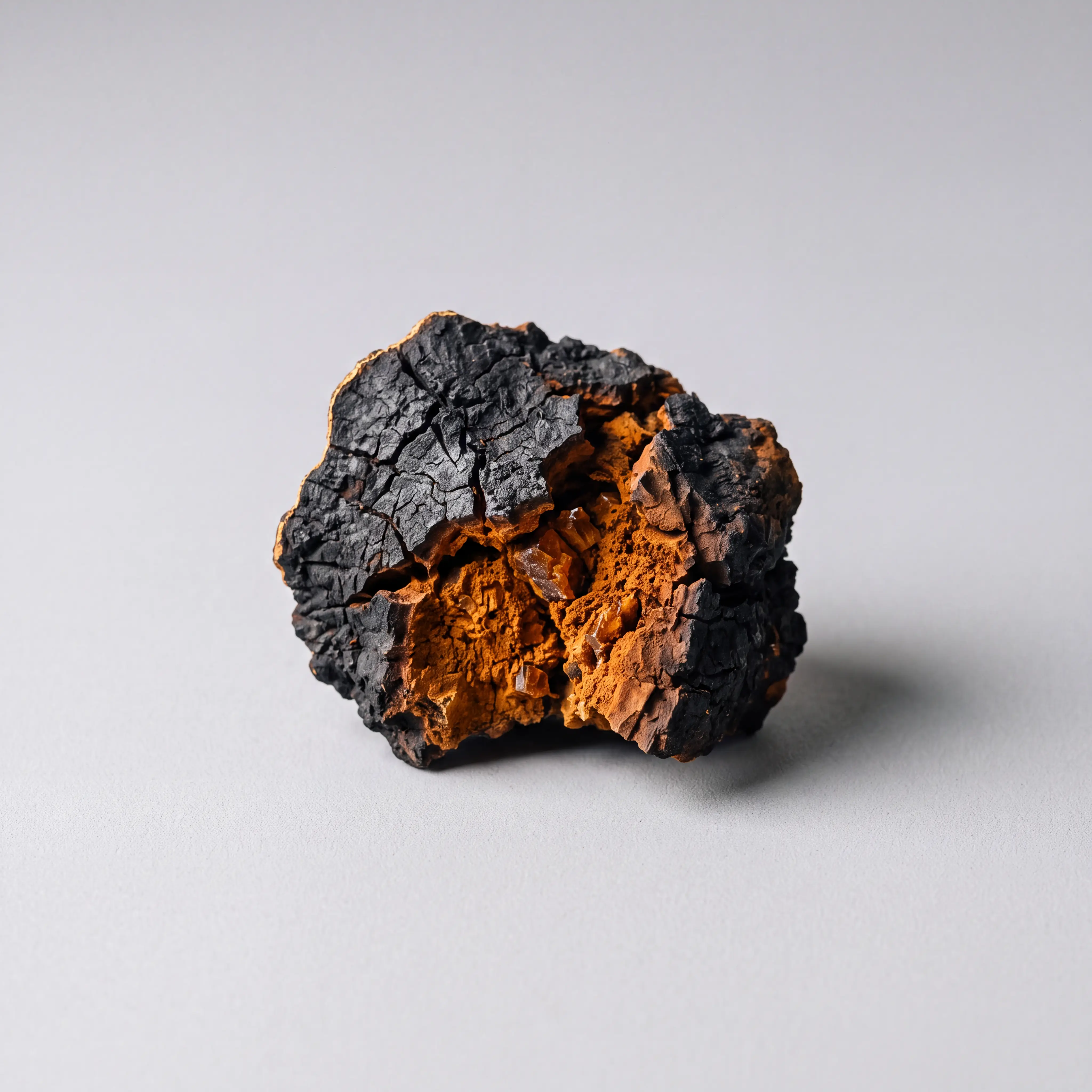 Chaga conk with charcoal-black crust and amber interior, studio still life
